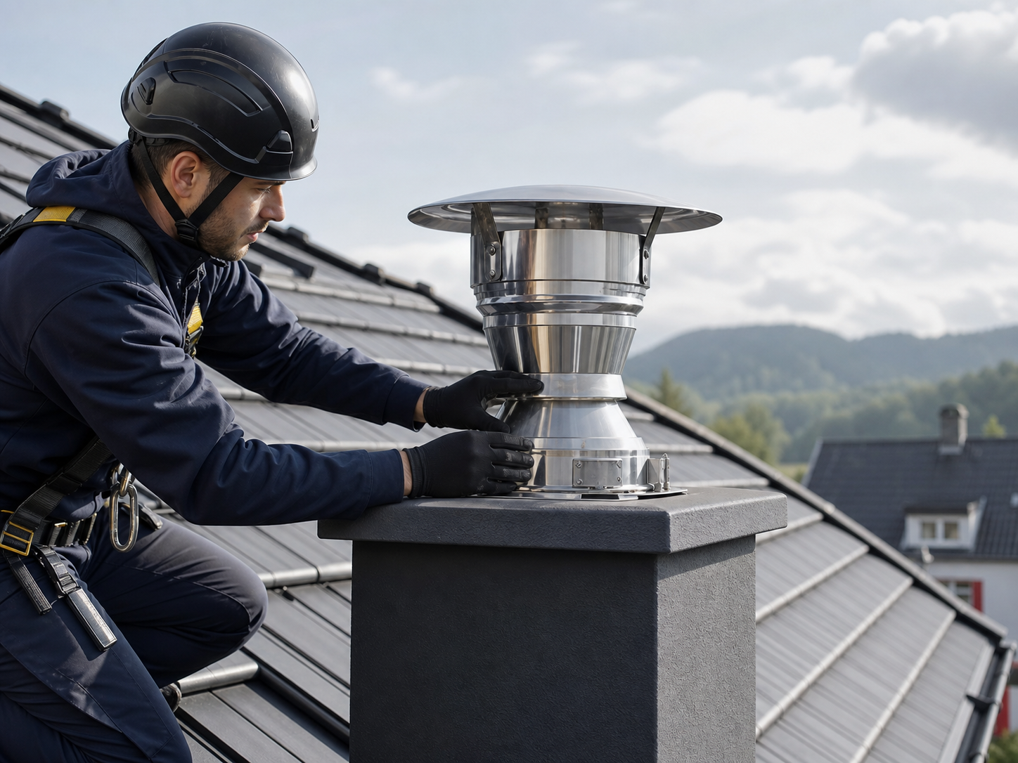 Installer fitting a stainless steel chimney terminal on a roof